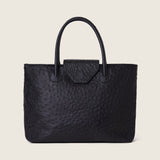 Front view of the Alessia Large Tote in black ostrich with the flap closed