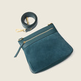 Removable bottle green suede cross-body pouch from the Alessia Large Tote, shown with its strap