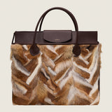 Front view of the Alessia Large Tote in multicolor fox fur with the top panel zipped and flap up