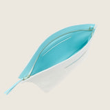 Blake Large Clutch in white ostrich unzipped to show the aqua interior lining