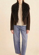 SUEDE COAT WITH DETACHABLE TIBETAN LAMB COLLAR
