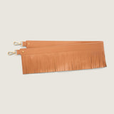 Fringe Shoulder Strap in tan nappa leather laid flat