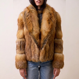 Model wearing the Linda short coat in red fox fur with a wide collar, front view