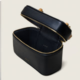 Mia Vanity Bag in black nappa leather unzipped and open to show the interior