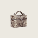 Mia Vanity Handbag in Burmese python with silver zipper, three-quarter view