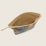 Stevie Medium Clutch in desert sky python unzipped to show the tan interior lining