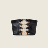 Front view of the Taylor Mini Clutch in black and camel python-embossed leather
