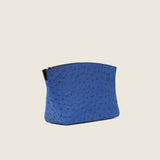 Taylor Mini Clutch in blue ostrich, three-quarter view