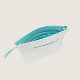 Taylor Mini Clutch in white ostrich unzipped to show the aqua interior lining