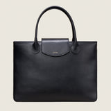 Front view of the Alessia Large Tote in black nappa leather with the flap closed