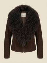 SUEDE COAT WITH DETACHABLE TIBETAN LAMB COLLAR