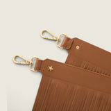Close-up of the Fringe Shoulder Strap in chocolate nappa leather with gold clasps and star detail