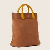 Gisele Large Shopper in tan suede with mustard leather handles and gold star detail, three-quarter view