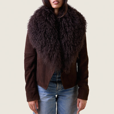 LAYLA SUEDE COAT WITH DETACHABLE TIBETAN LAMB COLLAR
