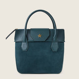 Lucille Mini Tote in bottle green suede with the flap up
