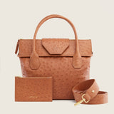 Lucille Mini Tote in tan ostrich shown with its removable cross-body pouch and strap