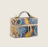 Mia Vanity Bag in desert sky python with gold zipper, three-quarter view