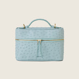 Front view of the Mia Vanity Bag in light blue ostrich