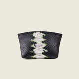 Front view of the Taylor Mini Clutch in black and lime python-embossed leather