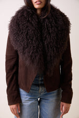 SUEDE COAT WITH DETACHABLE TIBETAN LAMB COLLAR